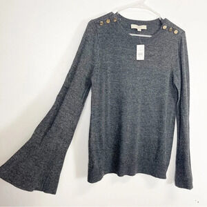 Loft Sweater Womens Medium Gray Gold Button Shoulder Detail Flare Sleeve NWT